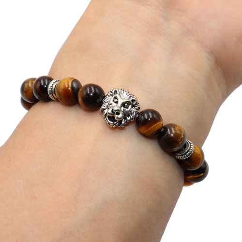 Pulsera Piedra Natural Ojo De Tigre Con Leon Plata Tibetana