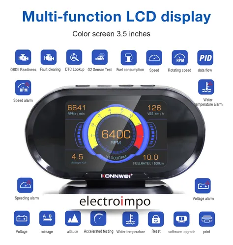 Scanner Medidor Digital Konnwei Kw206 Hud Obd2 Display