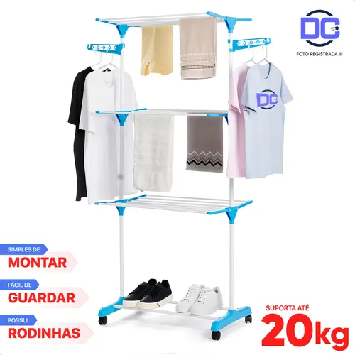 Varal de Roupas Chão 3 Andares Dobrável DC Azul com Rodas e Supor...