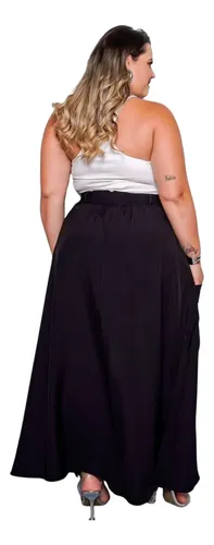 Saia Longa Plus Size Com Bolsos, Zíper Frontal | Parcelamento sem