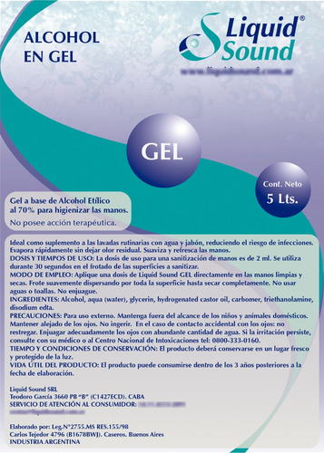 Imagen 3 de 4 de Alcohol En Gel X 5 Lts Con Anmat