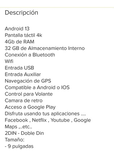 Stereo Tactil Android 9 Pulgadas Con Camara Trasera Negro