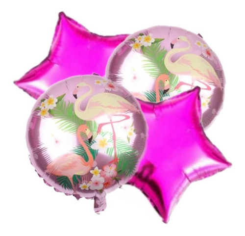 Set Globos Metalizados Flamenco Y Estrellas Pack X 4 Piezas