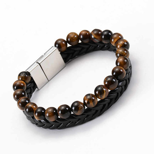 Pulsera Unisex Doble De Cuero Negro Con Piedra Ojo De Tigre