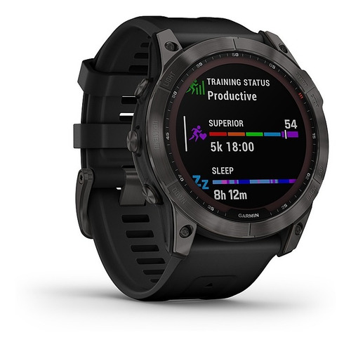 Smartwatch Garmin Zafiro Solar Fenix 7X 1.4" caja 51mm de polímero reforzado con fibra negra, malla negra de silicona y bisel carbon gray de titanio y dlc