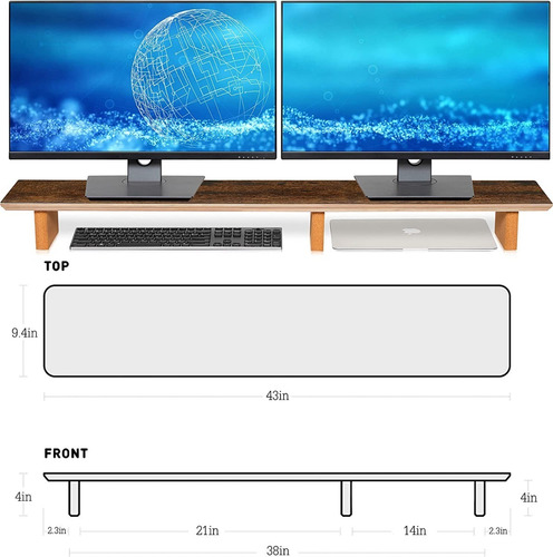 Large Dual Monitor Stand Riser - Solid Wood Desk Shelf