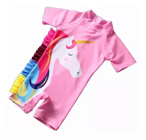 Traje De Baño Niña Unicornio + Gorro Natacion + Gorro Sol