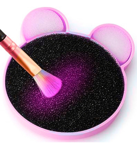 Limpia Brochas Maquillaje Estuche Esponja En Seco Formas Color Oso Rosa Fosfo