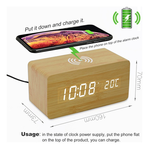 So Despertador Digital De Madera Con Carga Inalámbrica