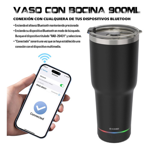 Vaso Térmico Con Bocina Bluetooth De 900 Ml Kbod Rad-20431 Negro Liso