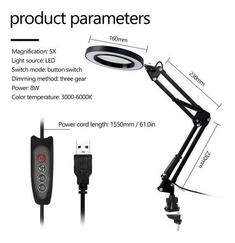 5x Lupa Lámpara De Escritorio Lupa Led Plegable