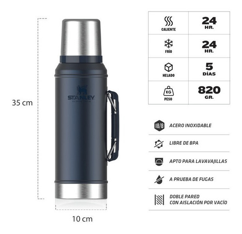 Imagen 4 de 7 de Stanley Termo Clásico 1 L con Tapón Cebador de acero inoxidable azul
