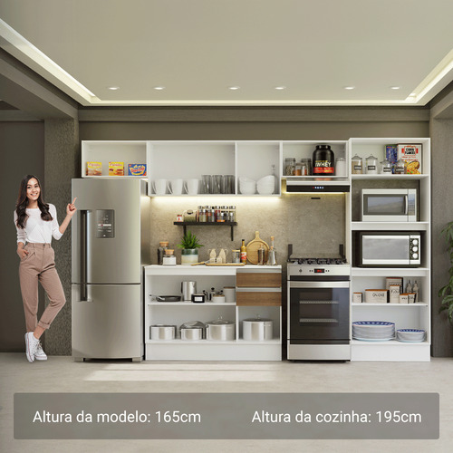 Armário De Cozinha Completa 100% Mdf 310 Cm Smart 01 Xa Brc Cor Branco/rustic/crema