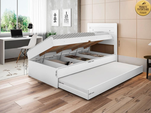 Cama Baú 0,88 Larissa Com Auxiliar Framar Em Mdf Branco