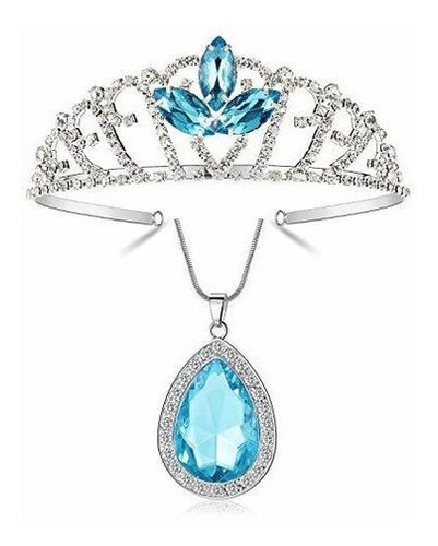 Vinjewelry Elsa Tiara Nios Azul Rhinestone Corona Y Collar