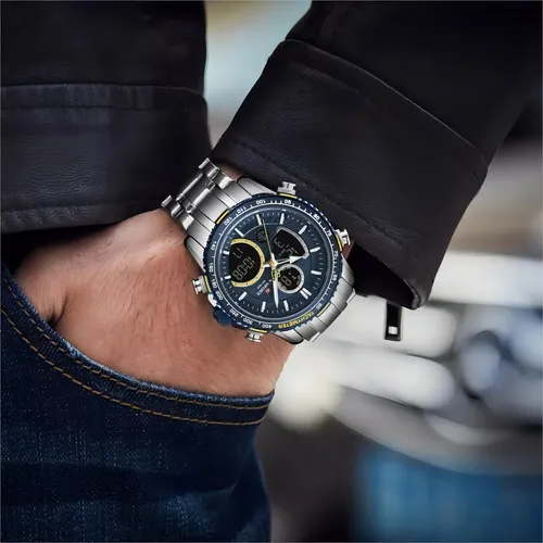Reloj Naviforce Sport para hombre: pulsera de acero, color de la correa: plata, color de fondo: azul