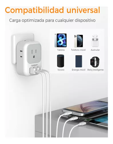 Extensor De Enchufe Múltiple Plano Con 3 Cargadores De Pared