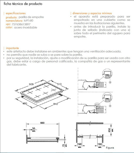 Parrilla Io Mabe Empotre Gas De 90 Cm A. Inox 6q Io916i0