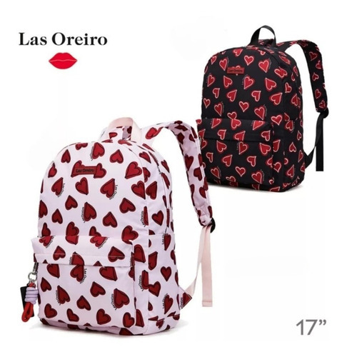 Mochila Urbana Universitaria Escolar Las Oreiro Mujer Moda Color Negro Con Corazones