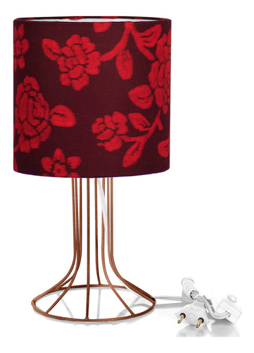 Abajur Torre Cilindrico Floral Vermelho Com Aramado Cobre