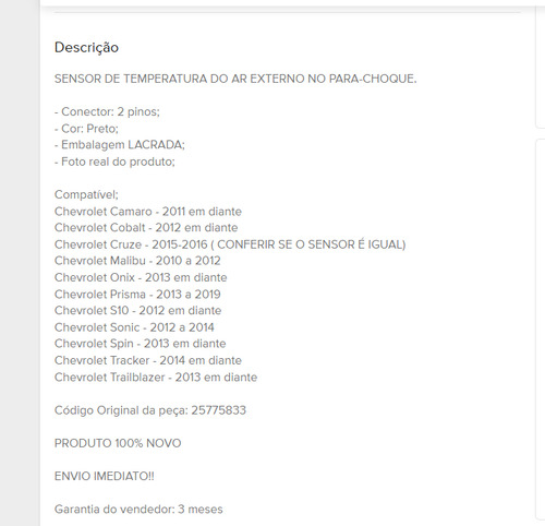 Sensor Temperatura Externa Prisma/cobalt/sonic/tracker/spin