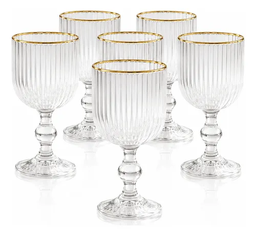 Jogo 6 Taças Vidro Canelado Borda Dourada 340ml Luxo Premium Transparente