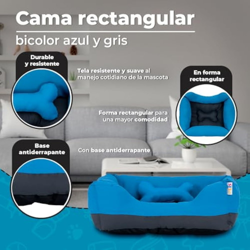 Cama Rectangular Para Perro En Azul Y Gris