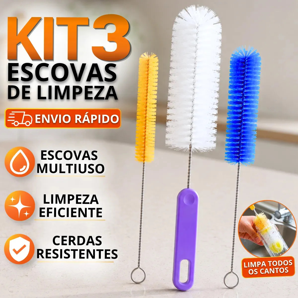 Kit 3 Escovas Shangrila para Lavar Mamadeira Garrafas Cerdas Náilon