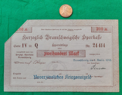 Billetes Alemania Kriegsnotgeld De 200 Marcos, Año 1918.