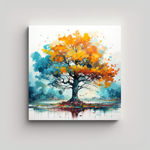 50x50cm Cuadro Árbol Roble Amarillo Y Turquesa Flores