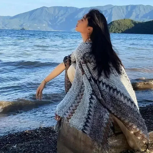 Capa Tejida Con Borlas A Cuadros Bohemios, A Prueba De Vient