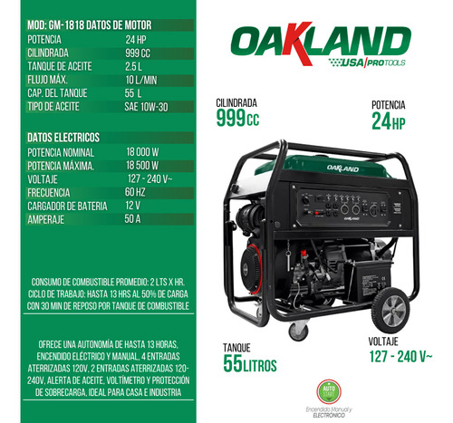 Generador Portatil 18000w 127/240v 60hz 24hp Oakland Gm-1818