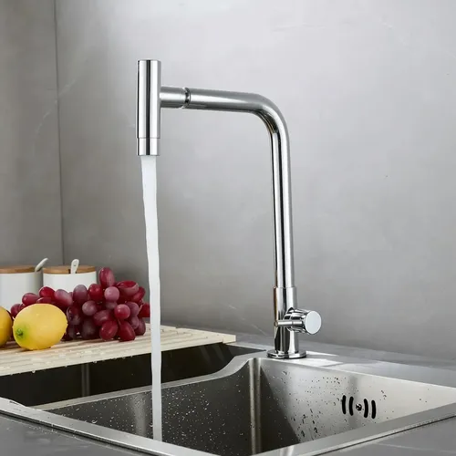 Foto real de Torneira de Cozinha Monocomando Fria 360 Giratoria Ângulo Ajustavel Cromado Aco INOX