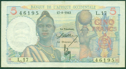 África Del Oeste Francia Billete 5 Francos 17.8.1943 #36 Mb+