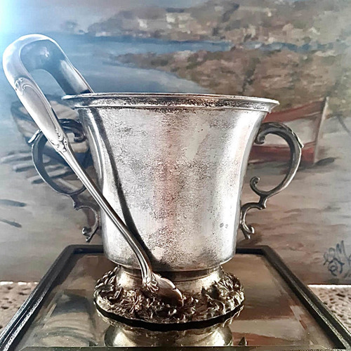 Antiguo Juego Pinza Anezin Y Hielera De Mesa Baño En Plata