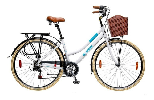 Bicicleta urbana S-Pro Strada Lady DLX R28 M 7v cambios Shimano Tourney TZ50 color blanco/celeste con pie de apoyo