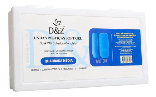 Caixa Unha Postiça Soft Gel D&z Quadrada Medium Transparente