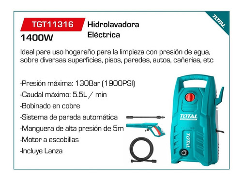 Imagen 3 de 3 de Hidrolavadora Eléctrica 1400w Total 130bar Alta Presión 5m Color Turquesa