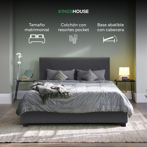 Base De Cama Abatible y Colchón Kingshouse BEDPLEGA-DUOSG20 Memory Foam 135x190x20 cm Con Resortes Pocket Matrimonial Box De Madera Cabecera Color Gris