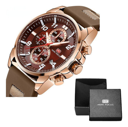 Relógio de pulso Mini Focus MF0268G com corpo rosê gold,  analógico, para masculino, fundo  coffee rosa, com correia de silicone cor e fivela simples