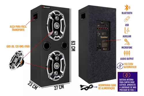 Caixa Bob Ativa 6x9 Jbl C/ Bateria 120 Rms + Bluetooh, Usb