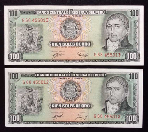 Imagen 1 de 2 de Set 2 Billetes 100 Soles Oro 1970 Unc Numeración Consecutiva