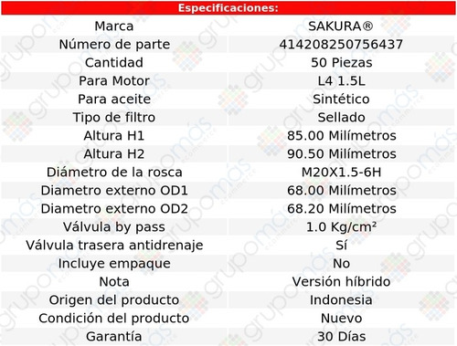 Caja De 50 Filtros Para Aceite Sintético Cr-z L4 1.5l 11/16