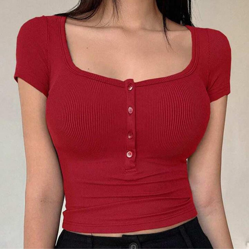 Blusa Mujer Ajustada Casual Moda Con Botones Manga Corta