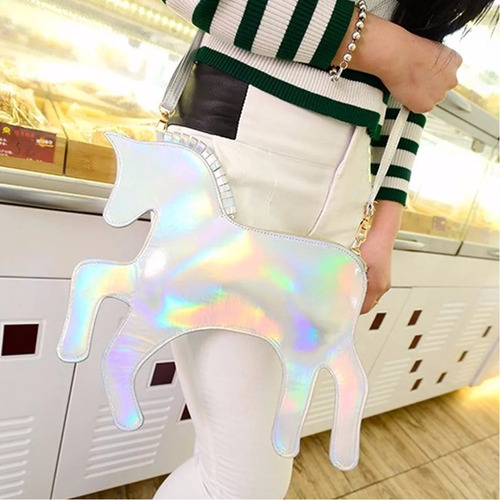 Bolsa De Hombro Forma Unicornio Color Blanco Tornasol M2181 Diseño De La Tela Liso