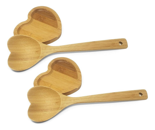 Cuchara De Bambú En Forma De Corazón Con Juego De Reposo, Cu