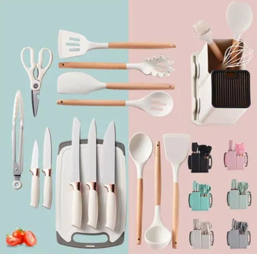 Juego Utensilios Silicona + Cuchillas 19 Piezas Color Blanco