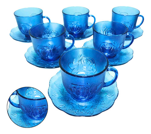 Jogo Xícaras Com Pires Para Café Chá 240ml 12peças Ambar Cor Azul - Rosas