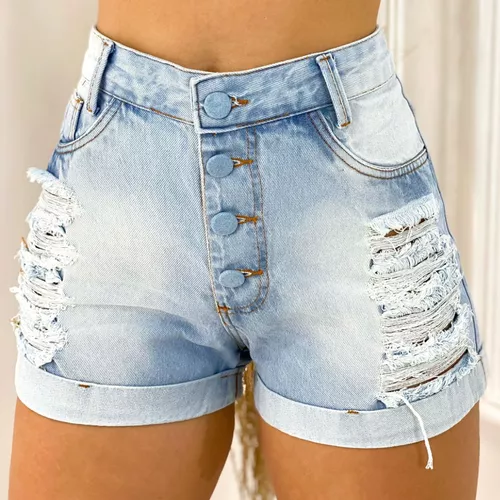 Short Jeans Feminino Cintura Alta Com Lavagem Clara