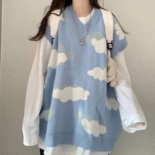 Suéter Kawaii, Jersey De Punto Con Estampado De Nubes Para M